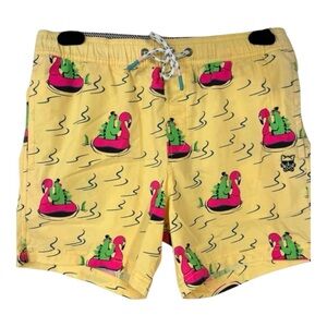 Party Pants Hoochie Daddy Yellow + Pink Flamingos Swim Trunks Shorts Medium